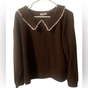 Madewell Ruffle Peter Pen Collar ribbed Top blouse Sz LG brown